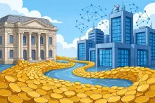 Cartoon illustration of a classic European bank building channeling a river of golden coins toward glowing data center towers.