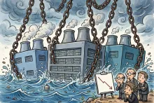 Cartoon illustration of data center buildings weighed down by borrowing chains as a rising tide lifts borrowing costs and stock arrows point down.