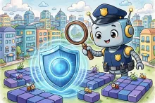 Cartoon robot security guard using a magnifying glass to find bugs in software protected by a glowing shield.