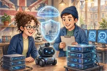 Cartoon illustration of UK university researchers testing a small robot and AI agent beside glowing servers with a protective shield overhead.