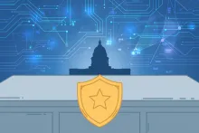 Cartoon illustration of a golden star-emblem shield on a government desk with a miniature capitol building behind it.