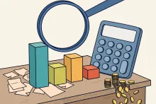 Cartoon illustration of a magnifying glass examining bar charts on a desk with a giant calculator and scattered ledgers.