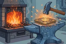 Cartoon illustration of a computer processor chip being forged on an anvil with sparks flying.
