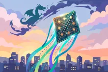 Cartoon illustration of a computer-chip kite soaring over a city skyline with a dragon in the clouds.