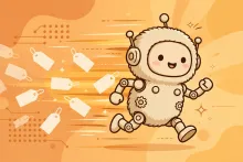 A cartoon illustration of a small speedy robot sprinting forward with motion lines and a trail of price tags, illustrating Anthropic's Haiku 5.5 price cuts.