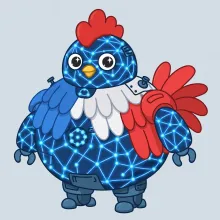 A chunky friendly cartoon rooster-robot made of glowing blue neural-network nodes, representing Mistral's trillion-parameter Large 4 model.