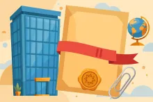 Cartoon illustration of an office building beside a large sealed document wrapped with a red pause ribbon, with a globe and paperclip nearby.