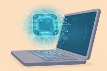 Cartoon illustration of a sleek laptop with a stylized glowing computer chip rising above the keyboard, symbolizing on-device AI computing.