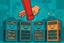 Cartoon of a hand reaching for a giant red emergency brake lever above smiling server racks