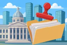 Cartoon illustration of a government building with columns behind a stamped visa paperwork folder and city office towers.