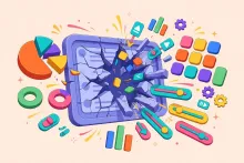 Cartoon of a chat window bursting into interactive diagrams, charts, buttons, and sliders.
