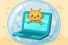 Cartoon of a friendly robot assistant peeking out of a laptop screen inside a protective glass bubble.