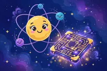 A cheerful cartoon atom with smiling orbiting electrons beside a glowing purple-and-gold quantum computer chip against a starry blue background.