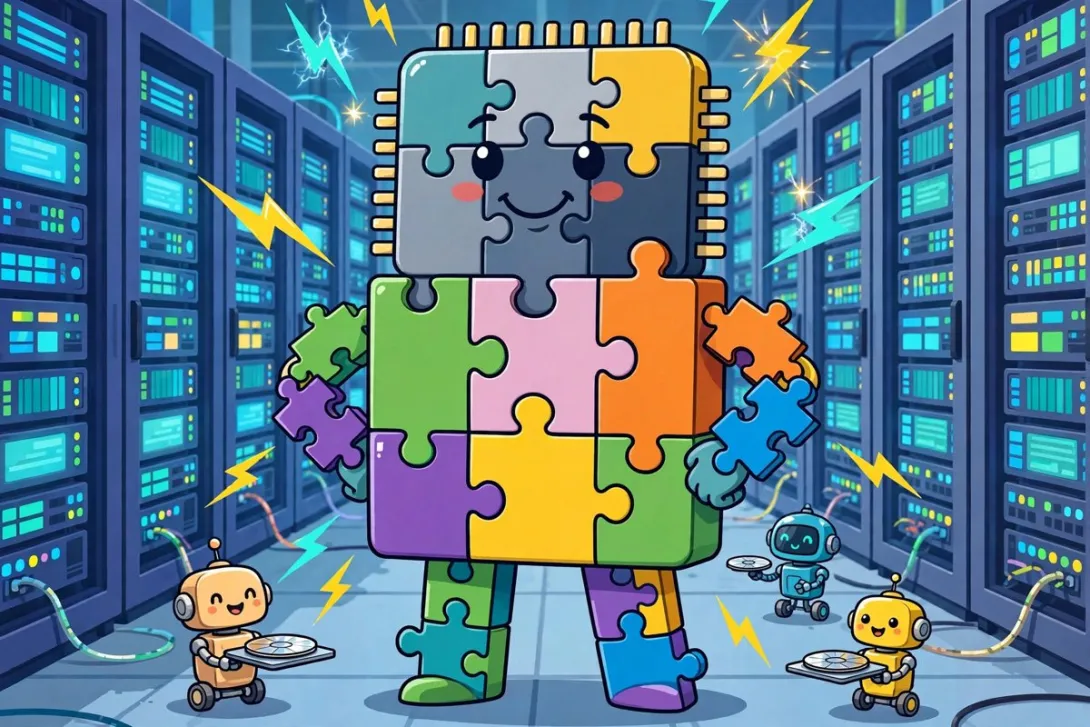 Cartoon illustration of a cheerful computer chip assembled from smaller chip pieces standing in front of glowing data center server racks.