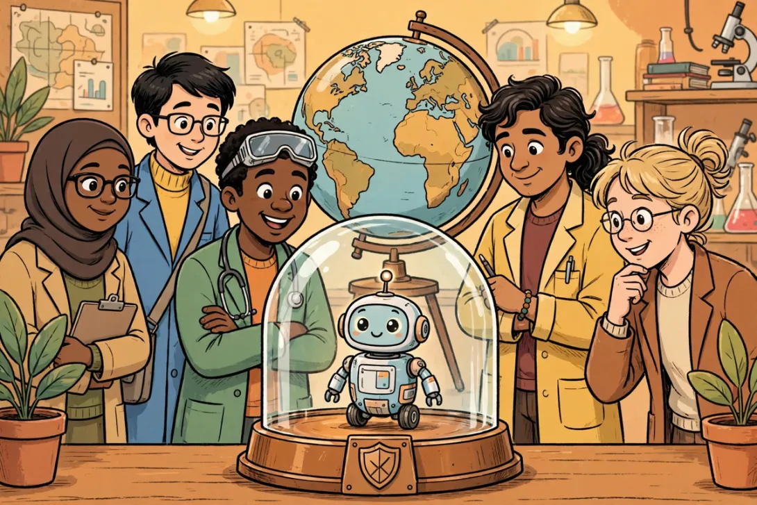 Cartoon scientists from around the world watch over a friendly robot sealed safely inside a transparent containment dome beside a globe.