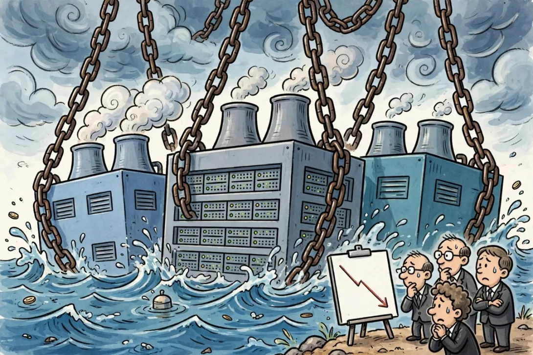 Cartoon illustration of data center buildings weighed down by borrowing chains as a rising tide lifts borrowing costs and stock arrows point down.