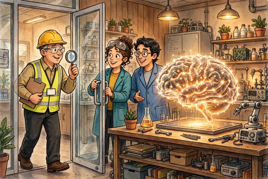 Cartoon illustration of an independent safety inspector with a magnifying glass examining a glowing AI model inside a research lab while researchers hold the door open.