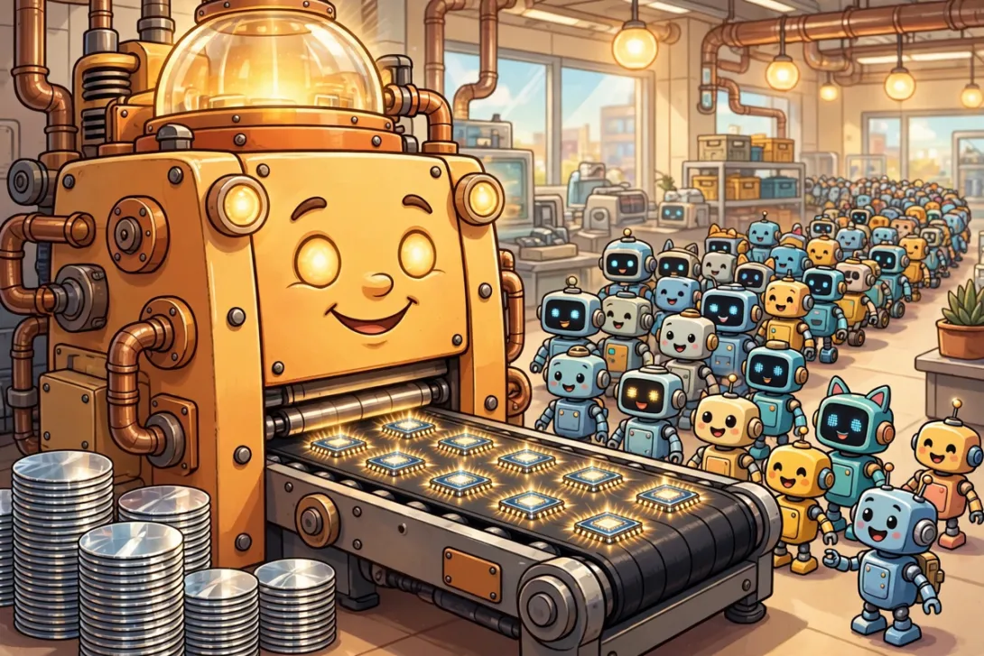 Cartoon illustration of a smiling lithography machine printing glowing microchips on a conveyor belt while a long queue of small robots waits for more chips.
