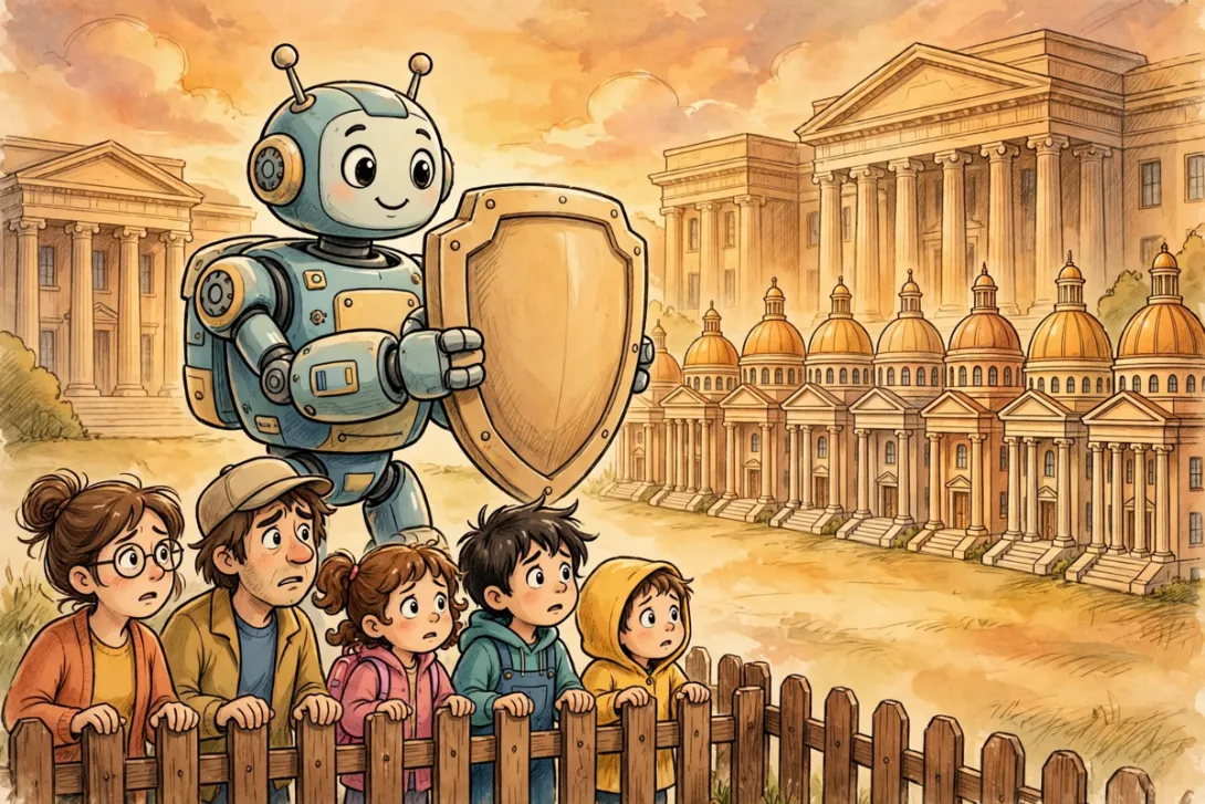 Cartoon illustration of eight state capitol buildings facing a large robot chatbot holding a shield, with parents and children standing behind a protective fence.