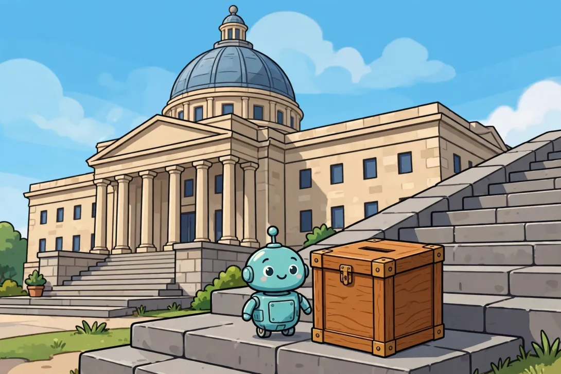Cartoon illustration of a friendly robot beside a ballot box on the steps of a domed government building.