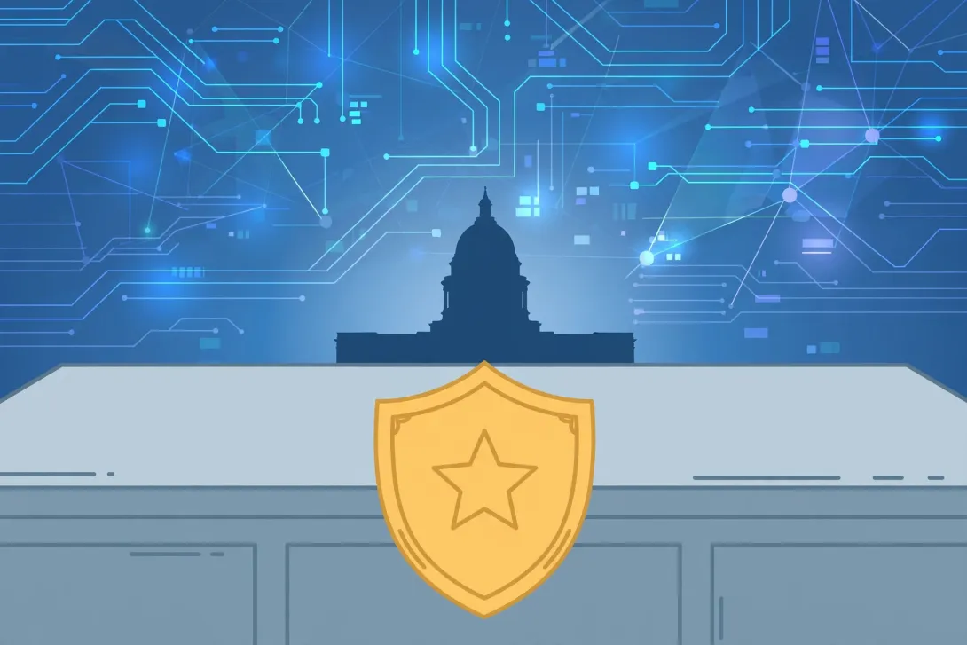 Cartoon illustration of a golden star-emblem shield on a government desk with a miniature capitol building behind it.