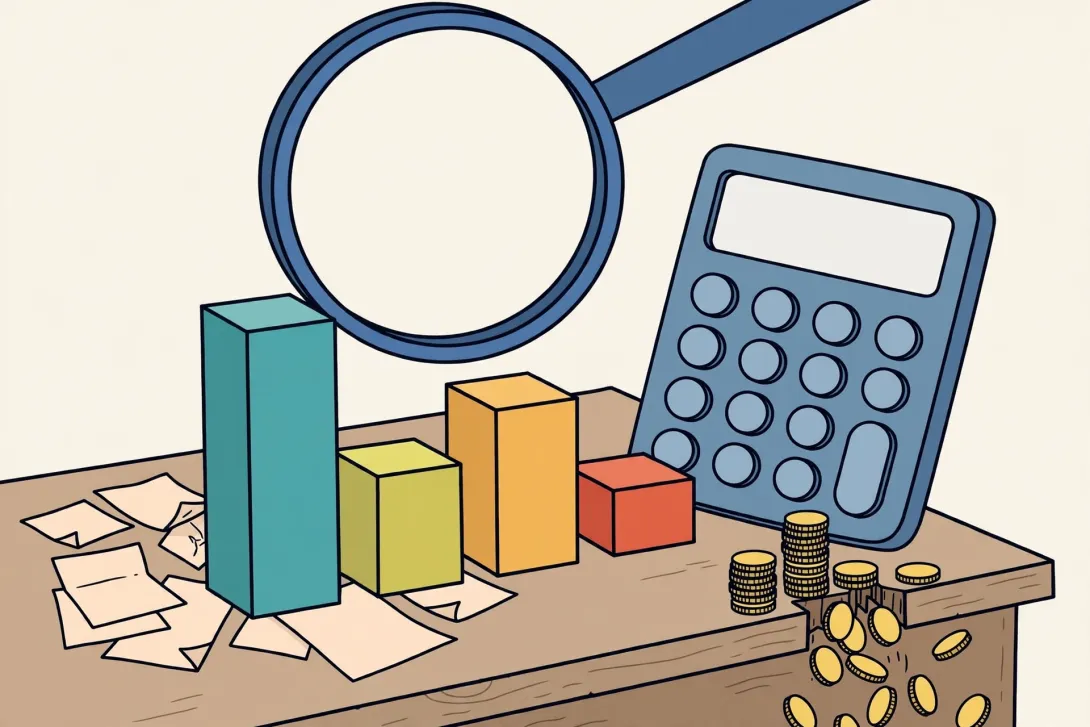 Cartoon illustration of a magnifying glass examining bar charts on a desk with a giant calculator and scattered ledgers.