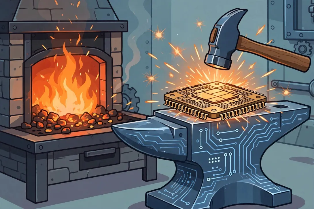 Cartoon illustration of a computer processor chip being forged on an anvil with sparks flying.