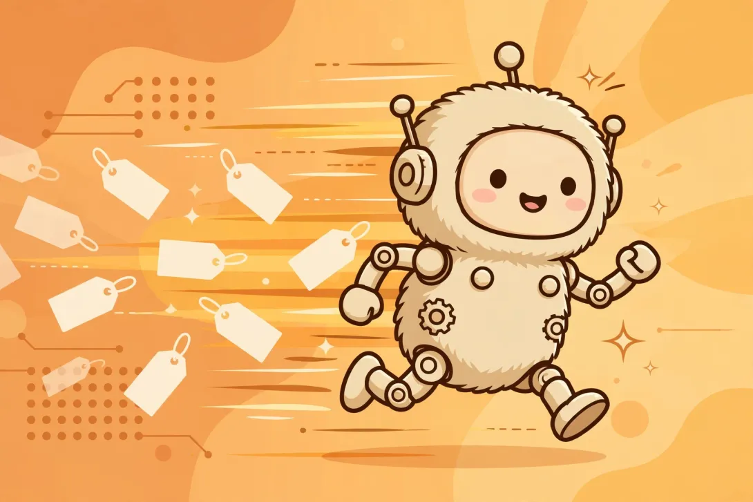 A cartoon illustration of a small speedy robot sprinting forward with motion lines and a trail of price tags, illustrating Anthropic's Haiku 5.5 price cuts.