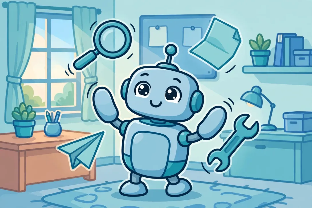 A friendly cartoon robot juggling task icons like a magnifying glass, document, wrench, and paper plane in a bright office.