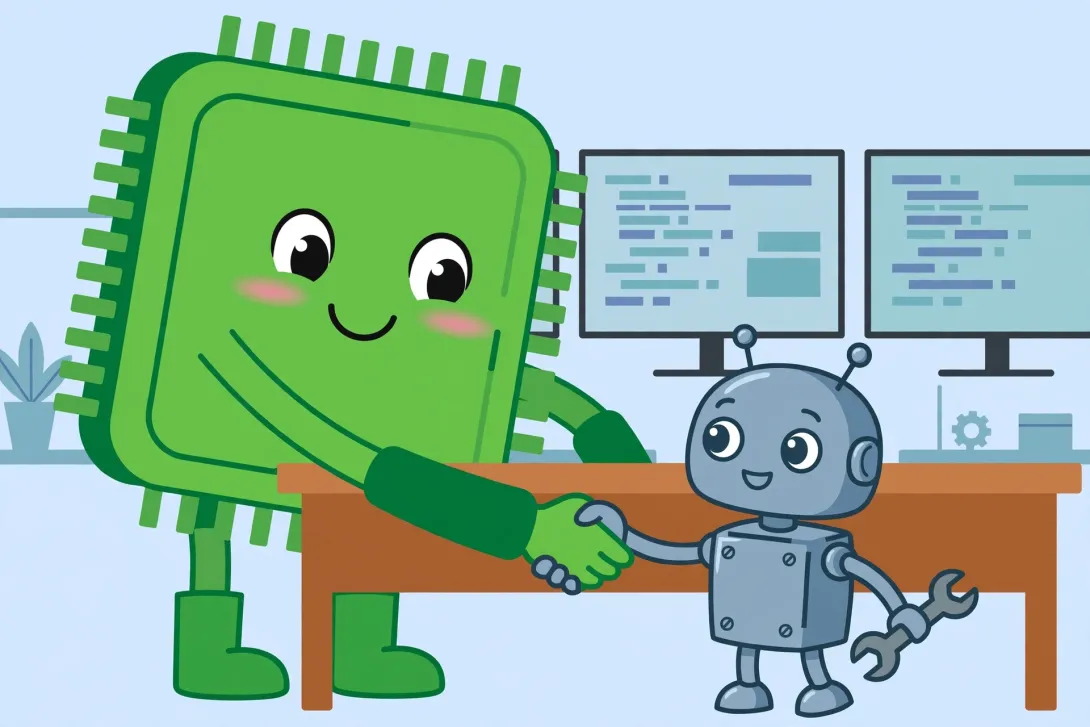 Cartoon of a giant green computer chip shaking hands with a small open-source robot coding assistant across a desk.