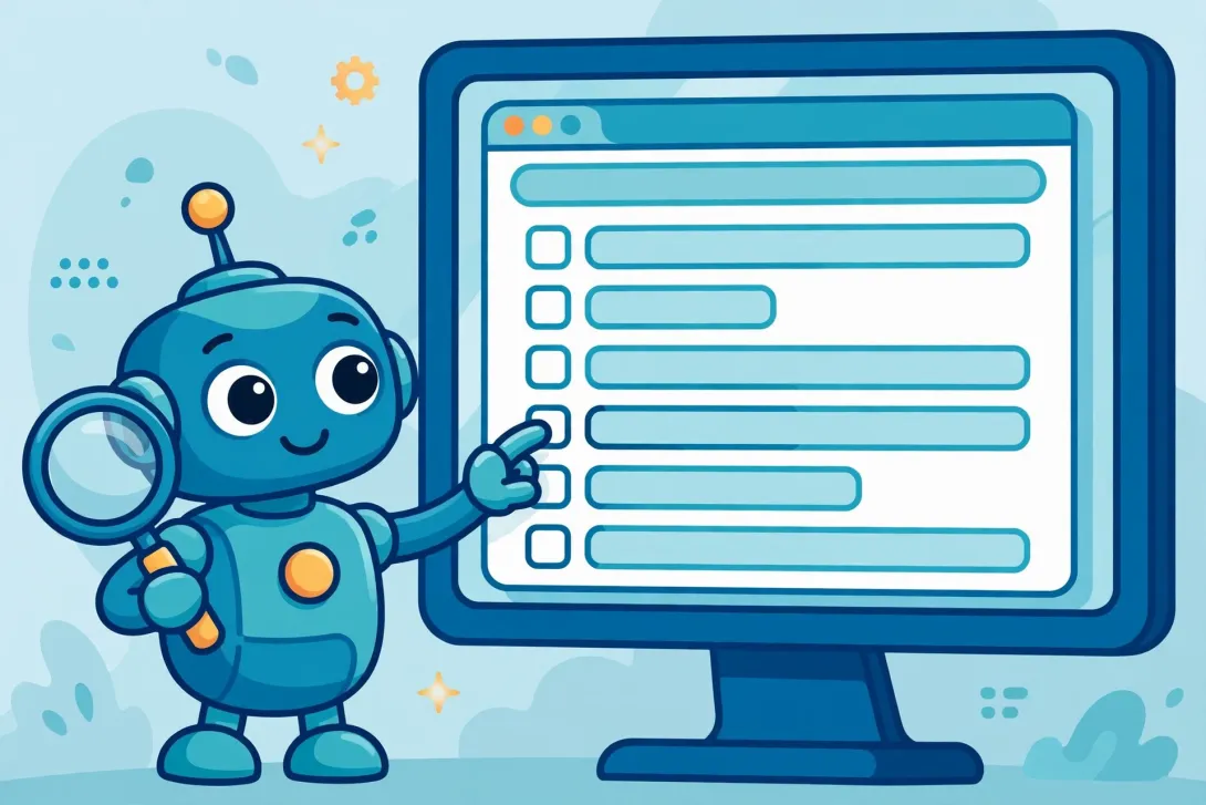 Cartoon illustration of a friendly robot character reaching toward a form in an oversized web browser window, holding a magnifying glass.