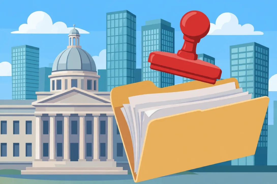 Cartoon illustration of a government building with columns behind a stamped visa paperwork folder and city office towers.