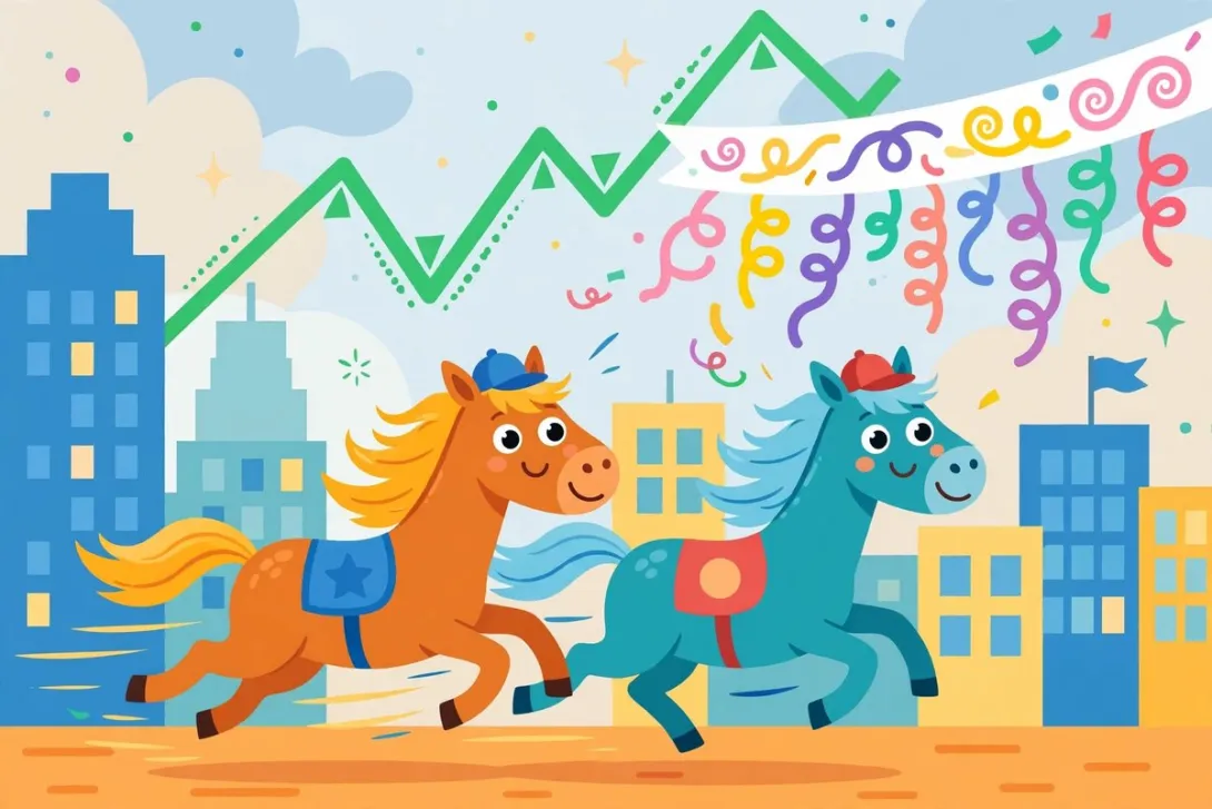 Cartoon of two racehorses sprinting neck-and-neck toward a finish-line ribbon decorated with abstract ticker-tape squiggles.