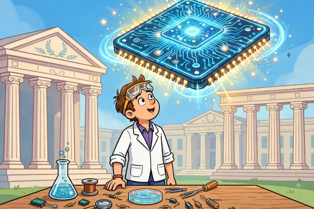 Cartoon of a scientist at a workbench with a giant glowing computer chip hovering above.