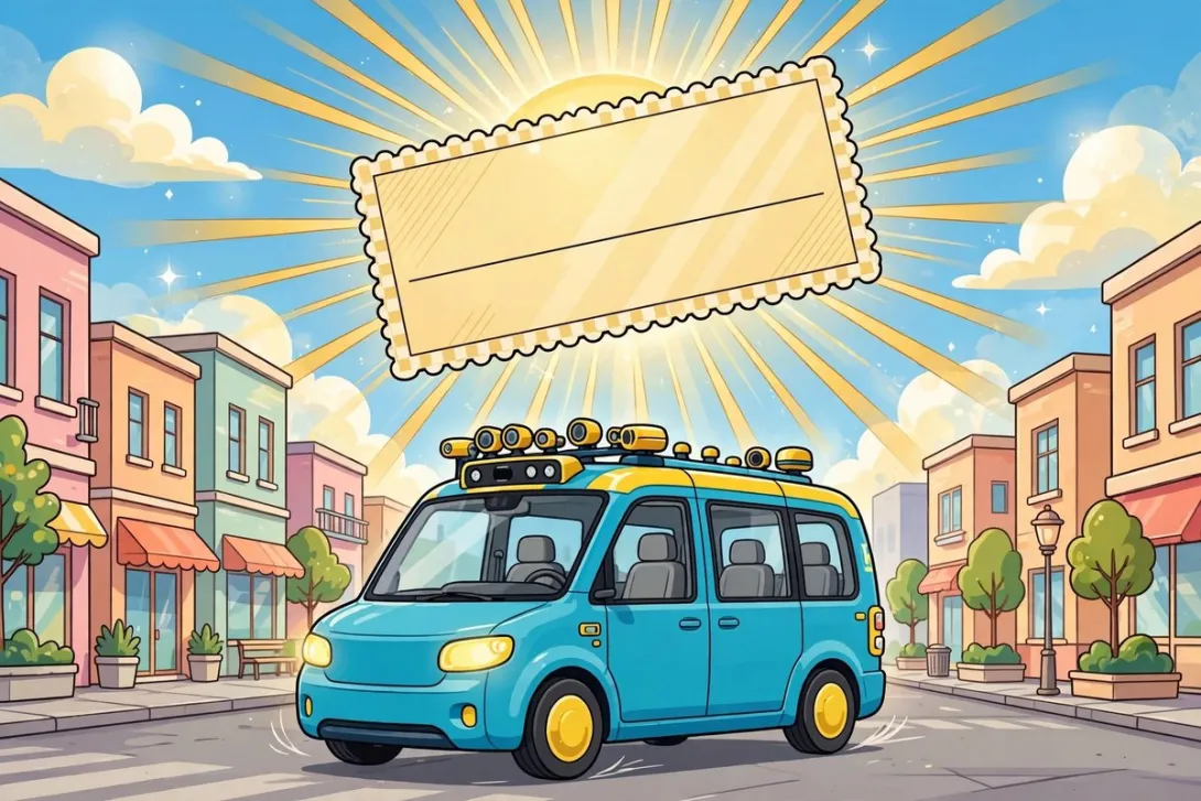 Cartoon of a driverless taxi van cruising a city street with a giant oversized paper check floating above it.