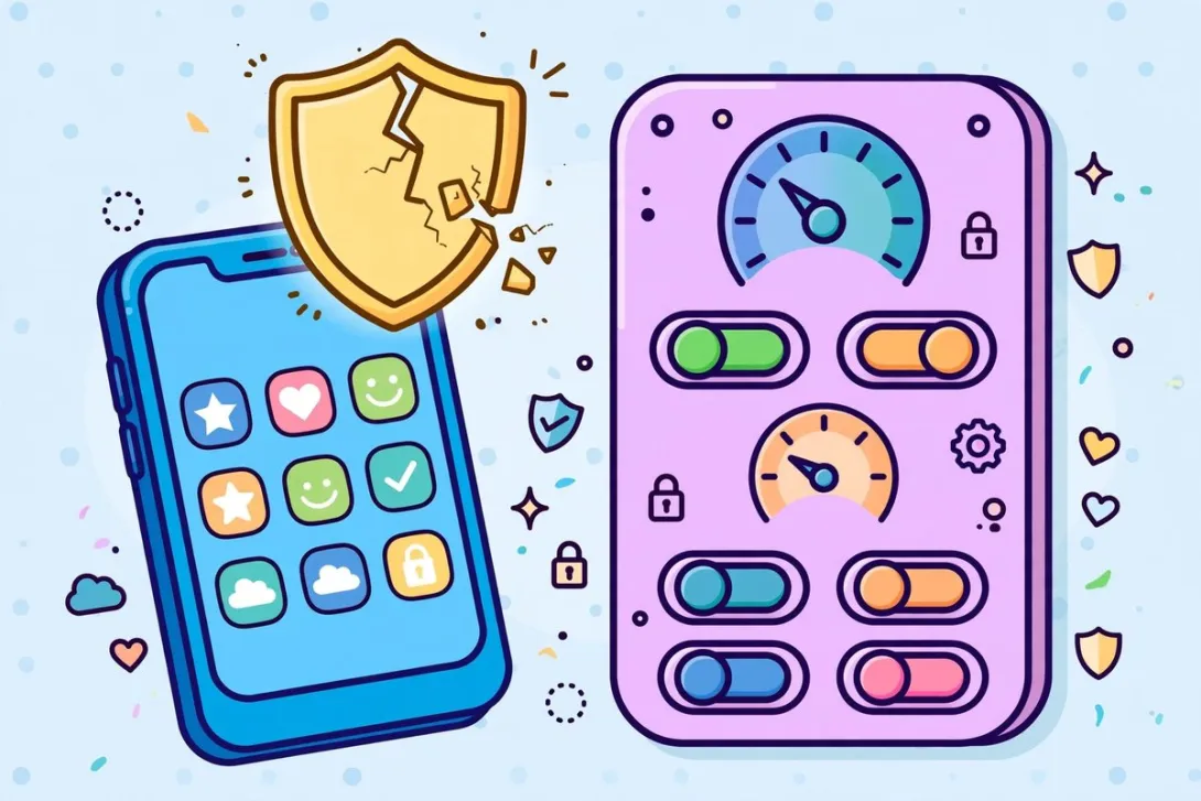 Cartoon of a smartphone with a cracked shield icon next to a parental-control dashboard panel.