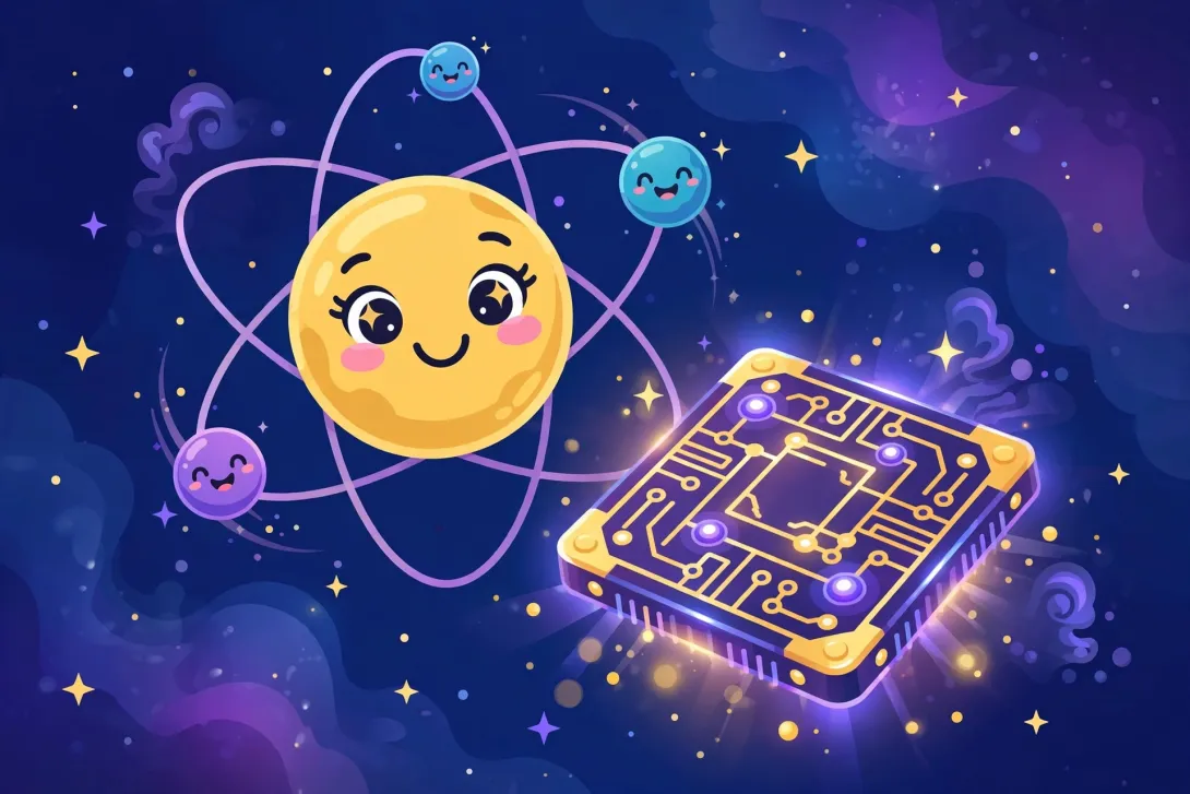 A cheerful cartoon atom with smiling orbiting electrons beside a glowing purple-and-gold quantum computer chip against a starry blue background.
